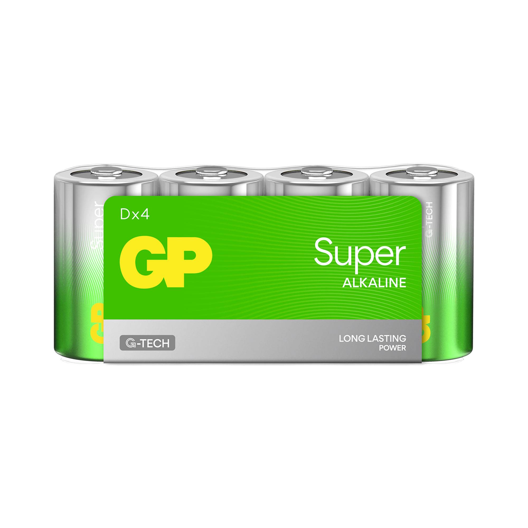 Pakirani set štirih baterij 'GP Super Alkaline', zeleno-srebrn dizajn, natis 'Dx4', 'LONG LASTING POWER' in 'G-TECH'.