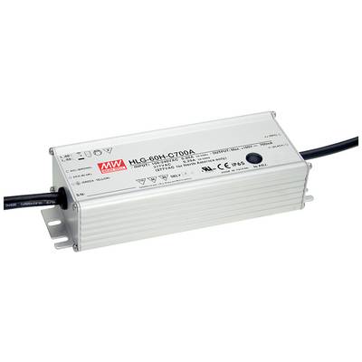 Pravokotno ohišje električnega napajalnika z napisom 'HLG-60H-C700A'. Naprava ima črne kable na obeh koncih.