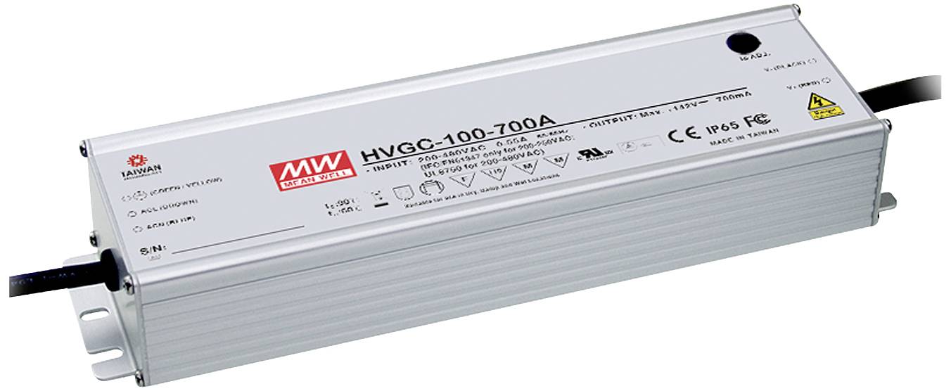 Pravokotna srebrna električna naprava z napisom 'HVGC-100-700A' in tehničnimi specifikacijami na površini.
