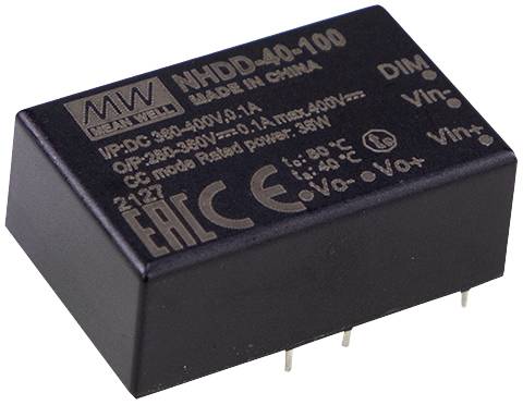 Pravokoten elektronski element z napisom 'Mean Well NHDD-40-100', priključne nožice spodaj, črno ohišje.