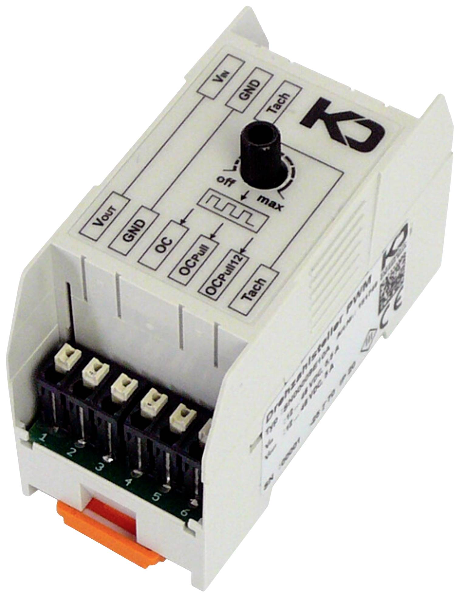 Elektronski krmilni modul s priključki, regulacijskim gumbom in označeno sprednjo ploščo. Uporablja se predvsem za električna krmilna vezja.