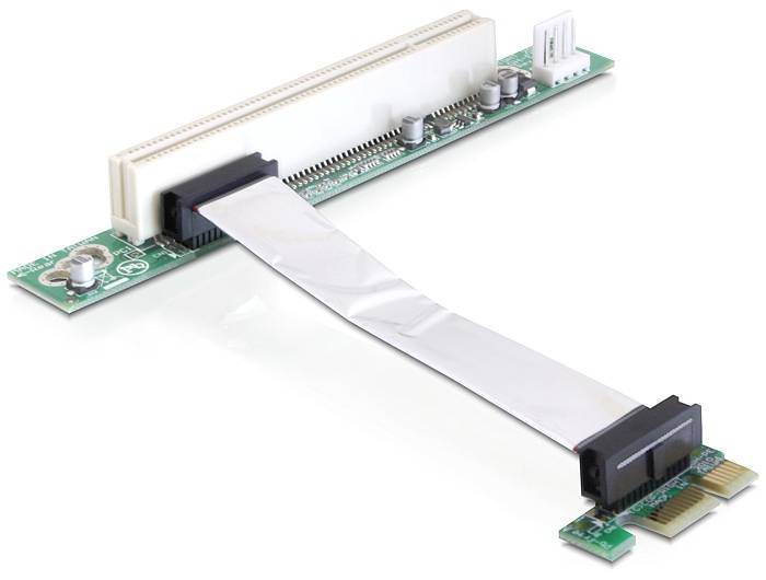 PCIe-dvižna kartica z dolgim ploščatim kablom, ki vzpostavi dve povezavi med matično ploščo in razširitveno kartico.