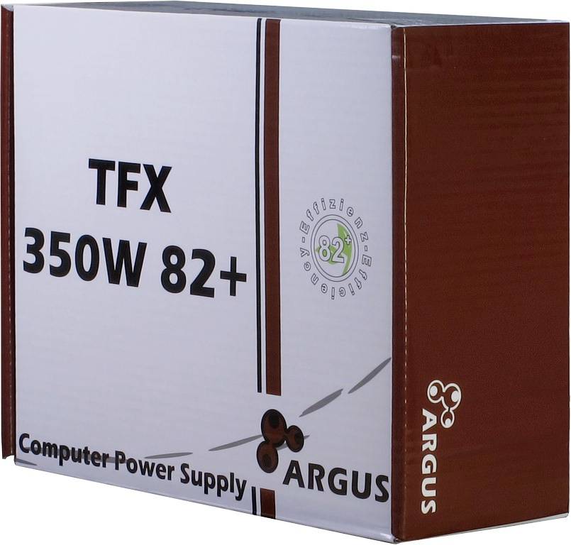 Kartonska embalaža napajalnika Argus TFX Computer Power Supply z 350W in 82% učinkovitostjo. Dizajn z logotipi in tehničnimi specifikacijami.