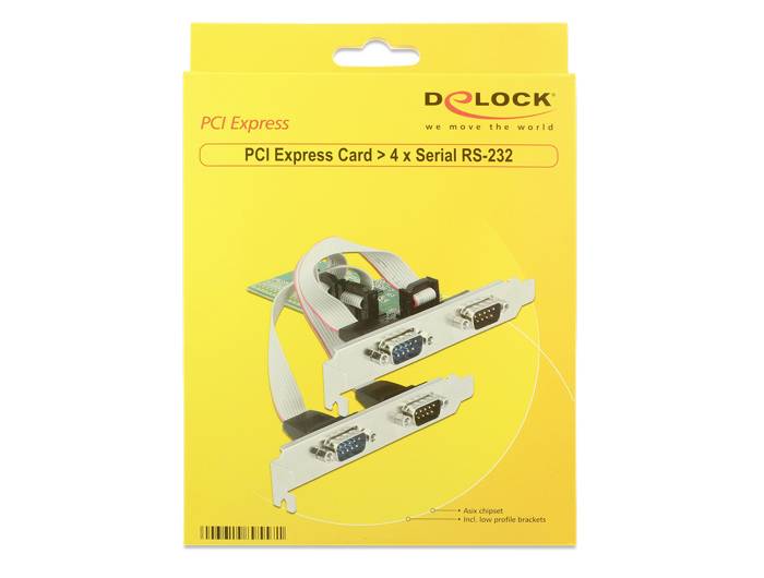 PCI Express kartica s 4 x serijskimi RS-232 vrati na rumeni podlagi, prikazana s kabli in razširitveno kartico. Embalaža podjetja Delock.