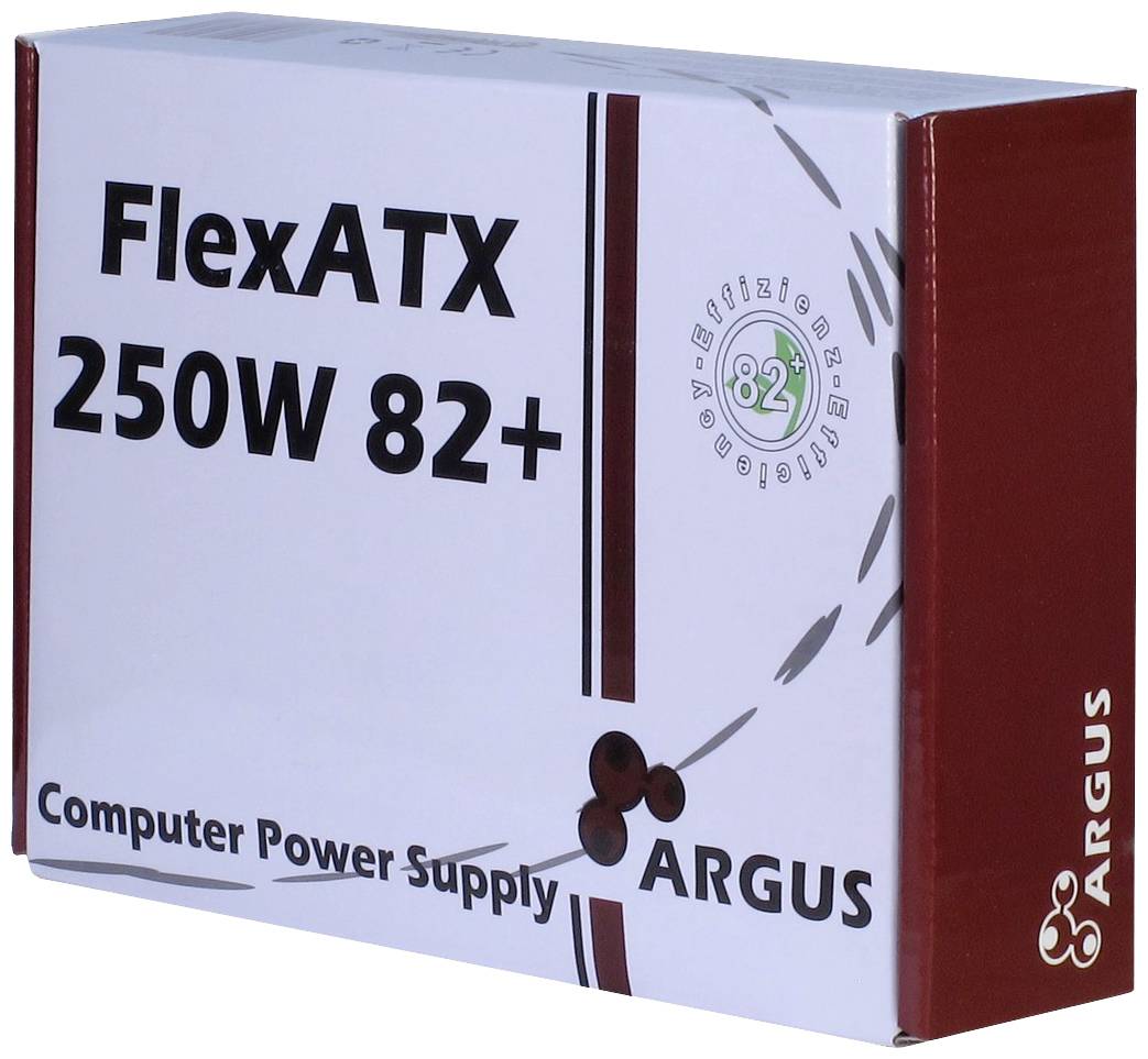 Embalaža Argus FlexATX 250W 82+ napajalnika za računalnik.