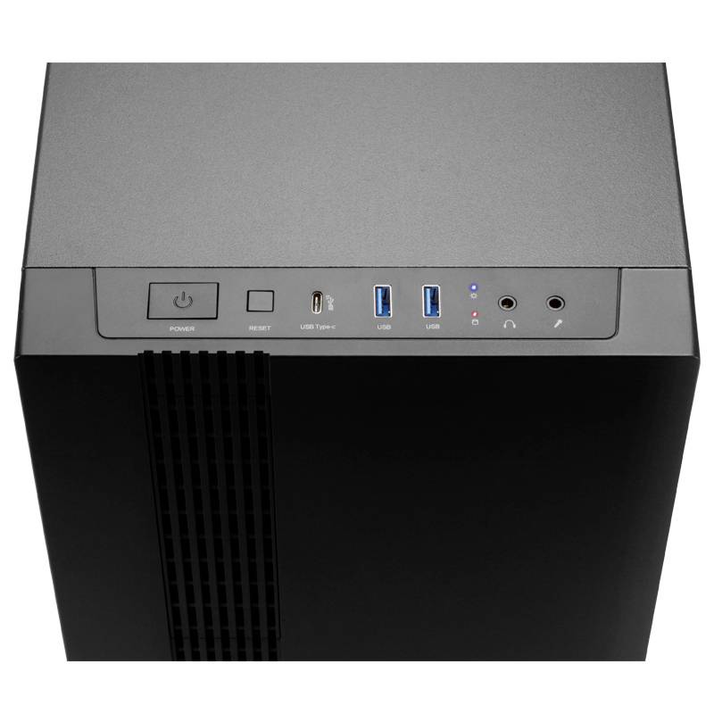 Črno ohišje računalnika od zgoraj, z gumboma za vklop in ponovni zagon, USB- in avdio priključki.