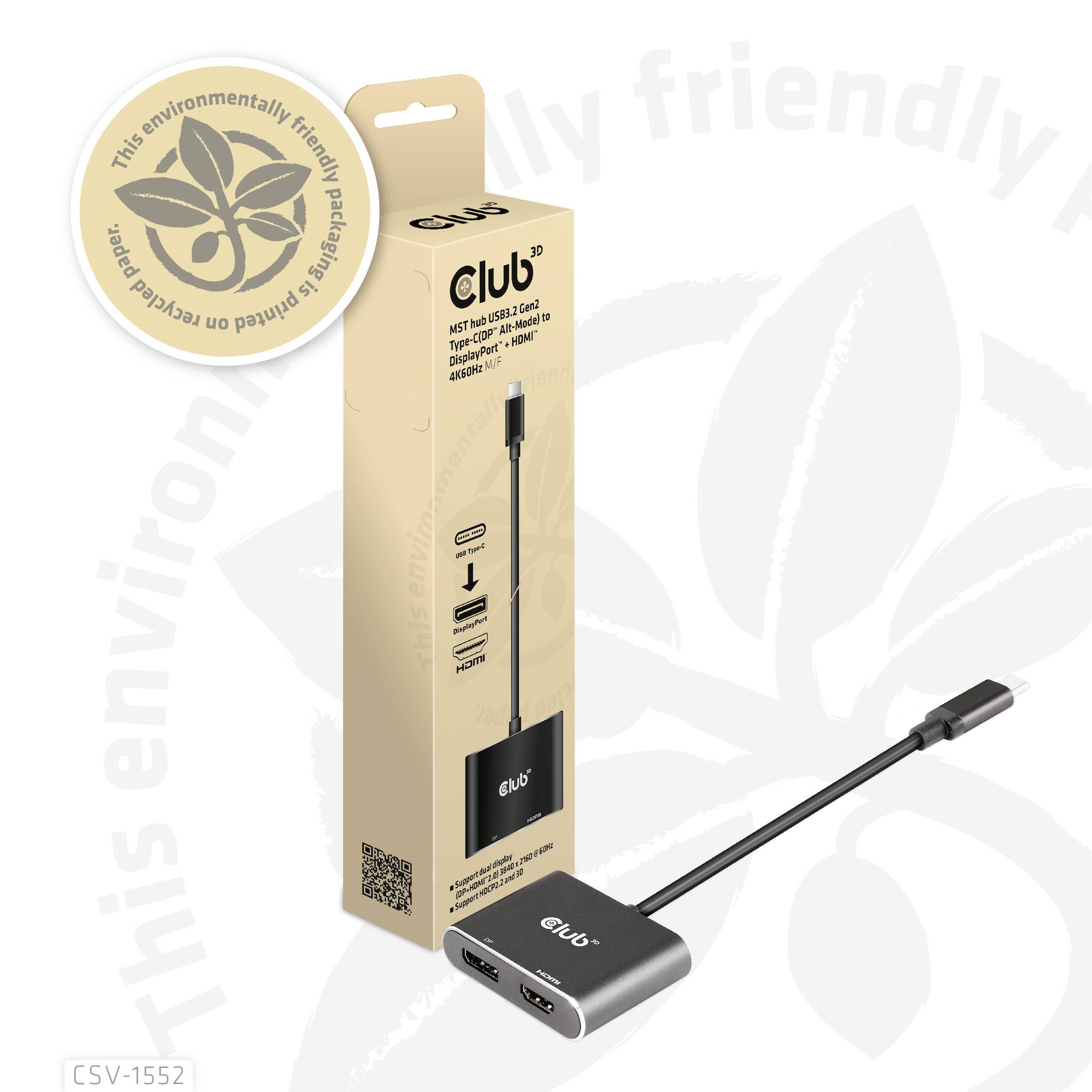 "USB-C na HDMI 2.0 adapter" Produktna škatla z logotipom za okolju prijazno embalažo prikazuje kabel in adapter pred grafično podlago.