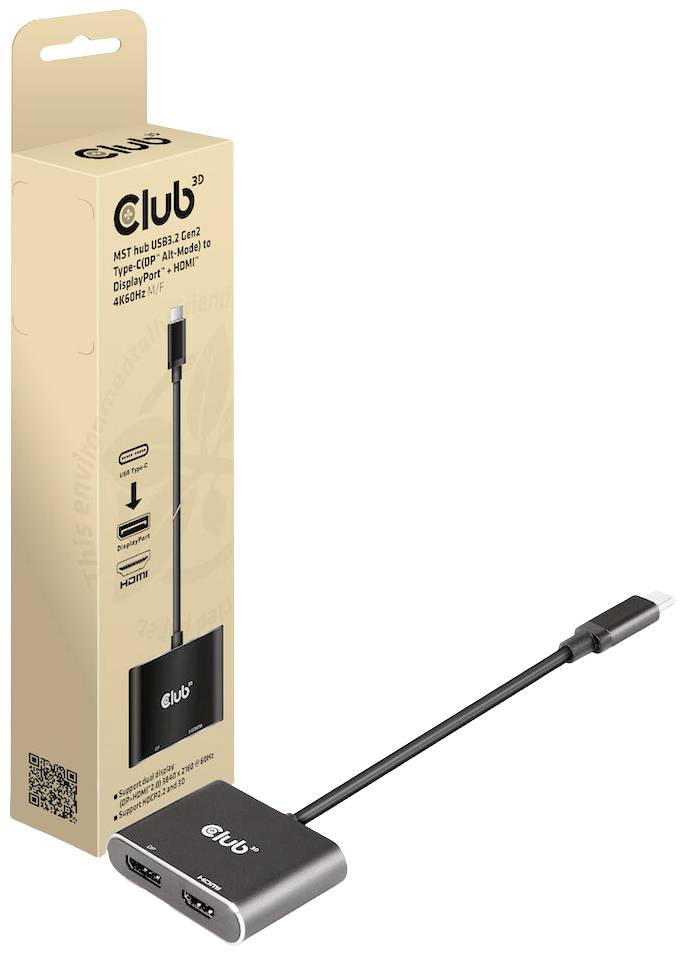 "Club 3D USB 3.2 Gen1 Type-C na HDMI 1.0 adapter" prikazuje embalažo in adapter. Adapter ima dva HDMI-priključka in USB-C kabel.