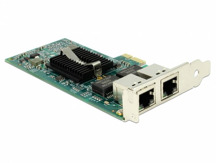 Mrežna kartica z dvema ethernetoma priključkoma in hladilnimi rebri na zeleni plošči s srebrnimi kontakti.