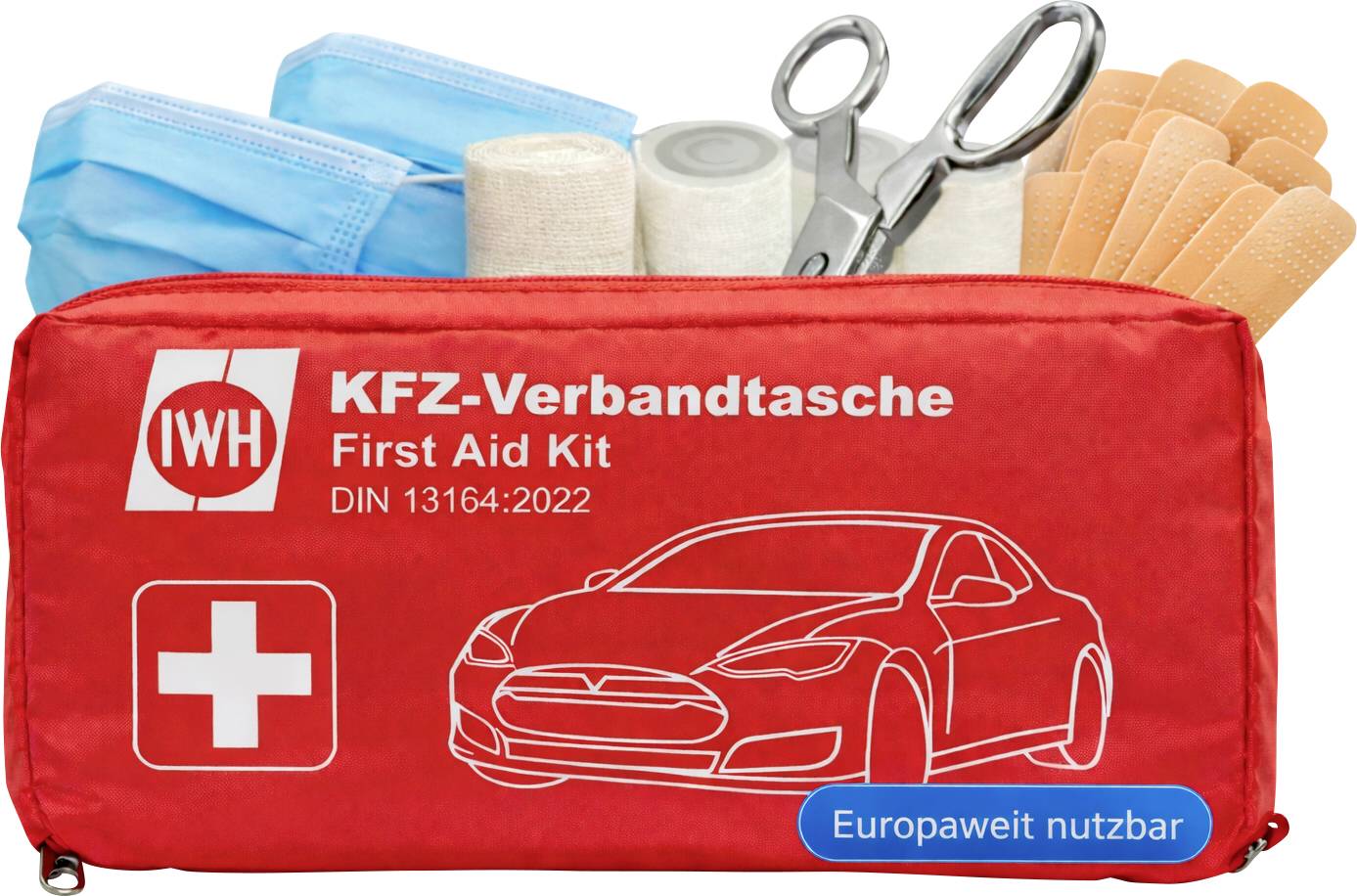 Rdeča torbica za prvo pomoč z napisom 'KFZ-Verbandstasche First Aid Kit DIN 13164:2022', belim križem in konturo avtomobila.