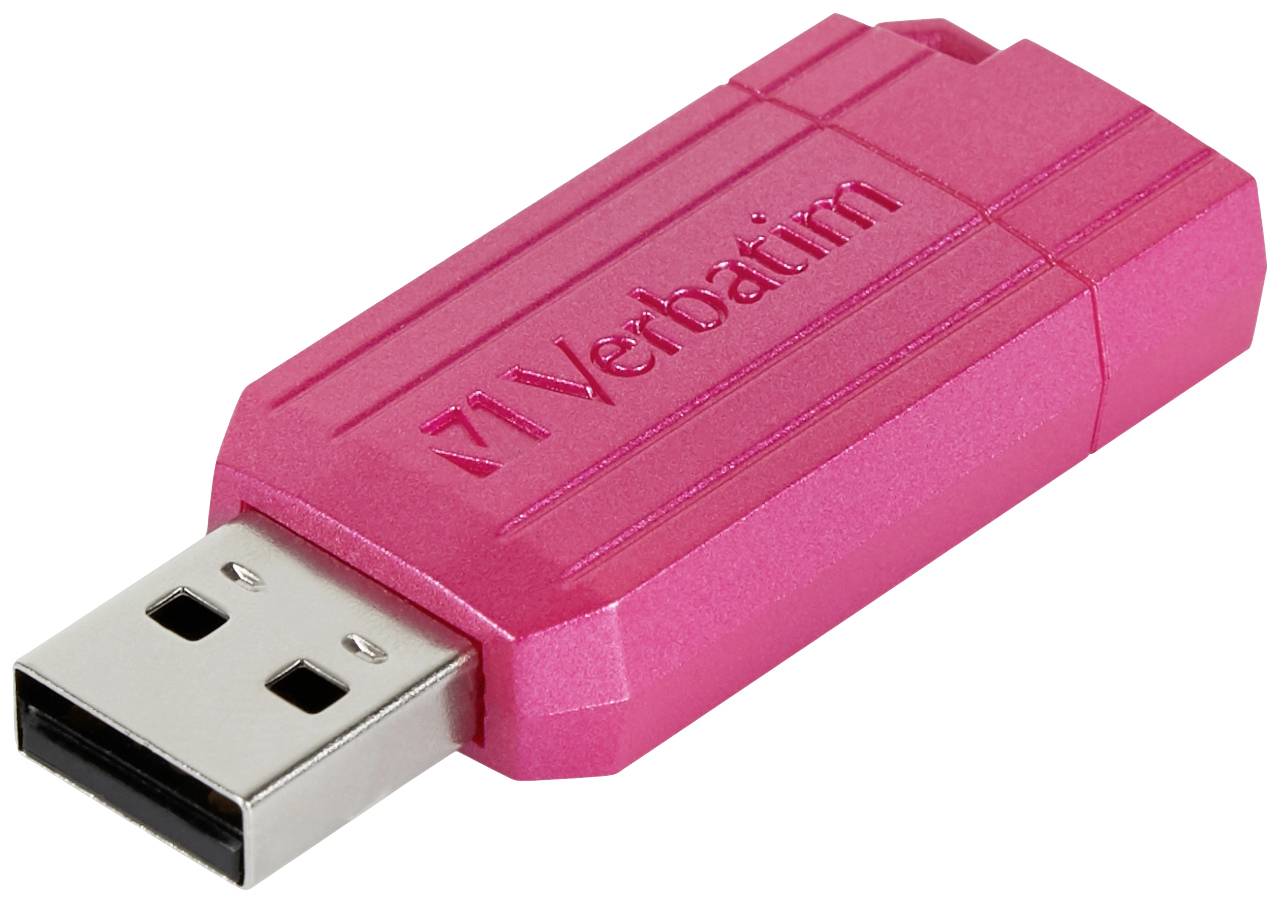 Roza USB ključek z napisom 'Verbatim', prikazuje priključni del in je zasnovan v preprostem, kompaktnem slogu.