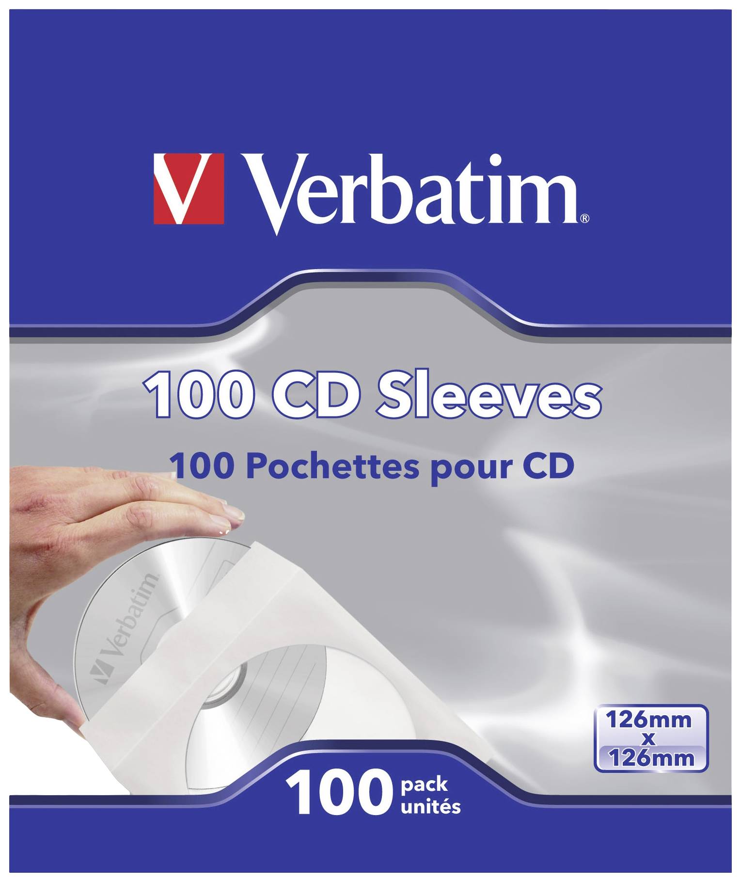 Embalaža za CD-ovitke Verbatim. Prikazuje roko, ki vstavi CD v belo škatlo. Vsebuje 100 ovitkov, mere: 126 mm x 126 mm.