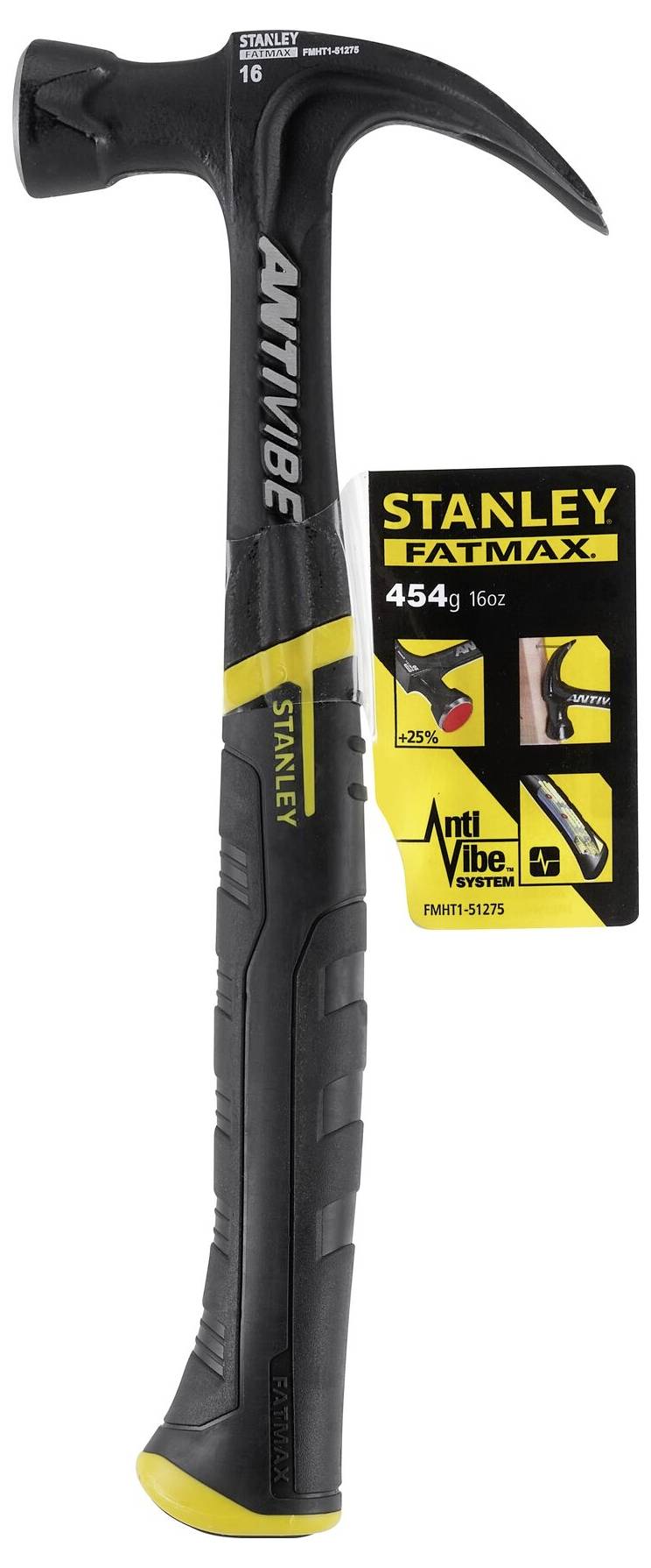 'Kladivo Stanley Fatmax, 454g, AntiVibe-tehnologija; črn ročaj z rumenimi poudarki.'