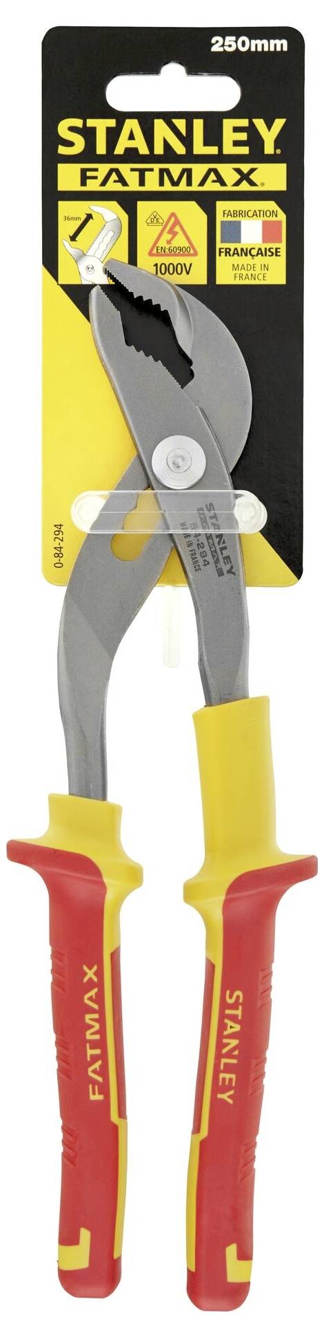 Klešče Stanley Fatmax 250 mm VDE-certificirane z gumirastimi ročaji rumeno-rdeče barve, primerne za delo na delih pod napetostjo.