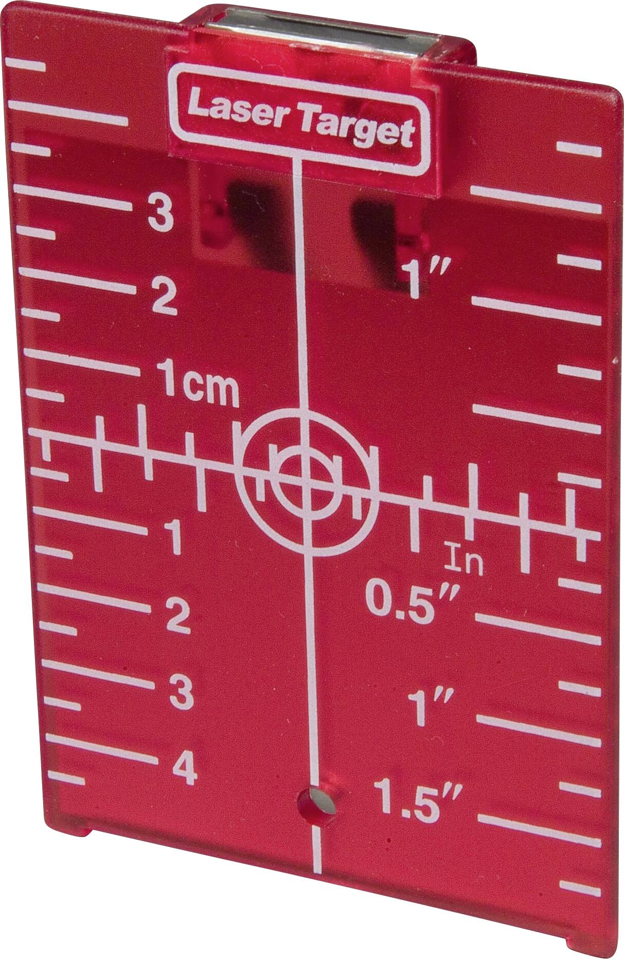 Rdeča ciljna tabla z mersko lestvico v centimetrih in colih za laserske meritve, prikazuje tarčo za natančno namerivanje.