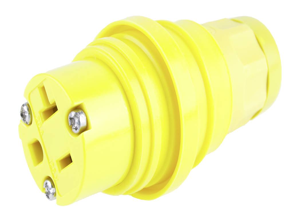 Rumen električni vtič s tremi odprtinami in dvema vidnima pritrditvenima vijskoma, izdelan iz plastike.
