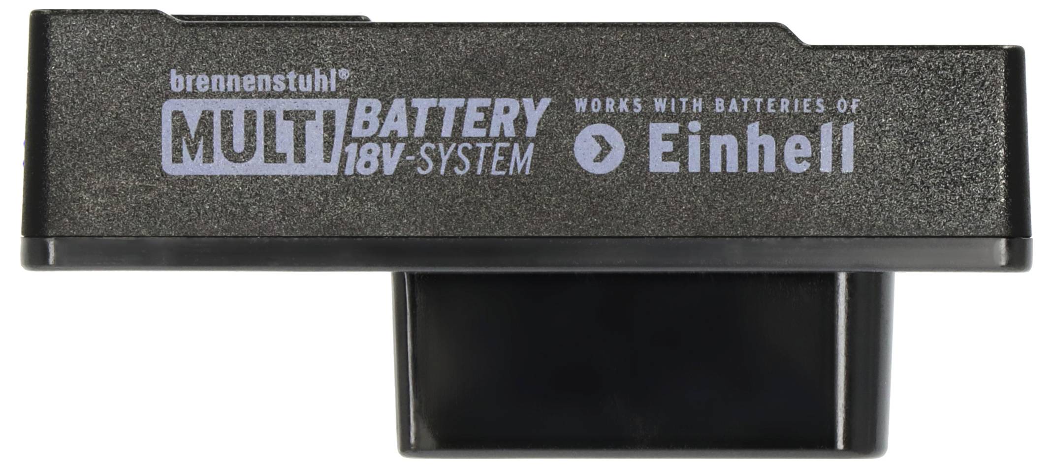 Črni adapter Brennenstuhl 'MULTI BATTERY 18V SYSTEM', označen 'deluje z baterijah Einhell', prikazan na belem ozadju.