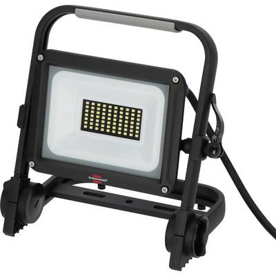 Prenosni črni LED reflektorski svetilnik z nastavljivo ogrodjem in stojalom, prikazan na beli podlagi.