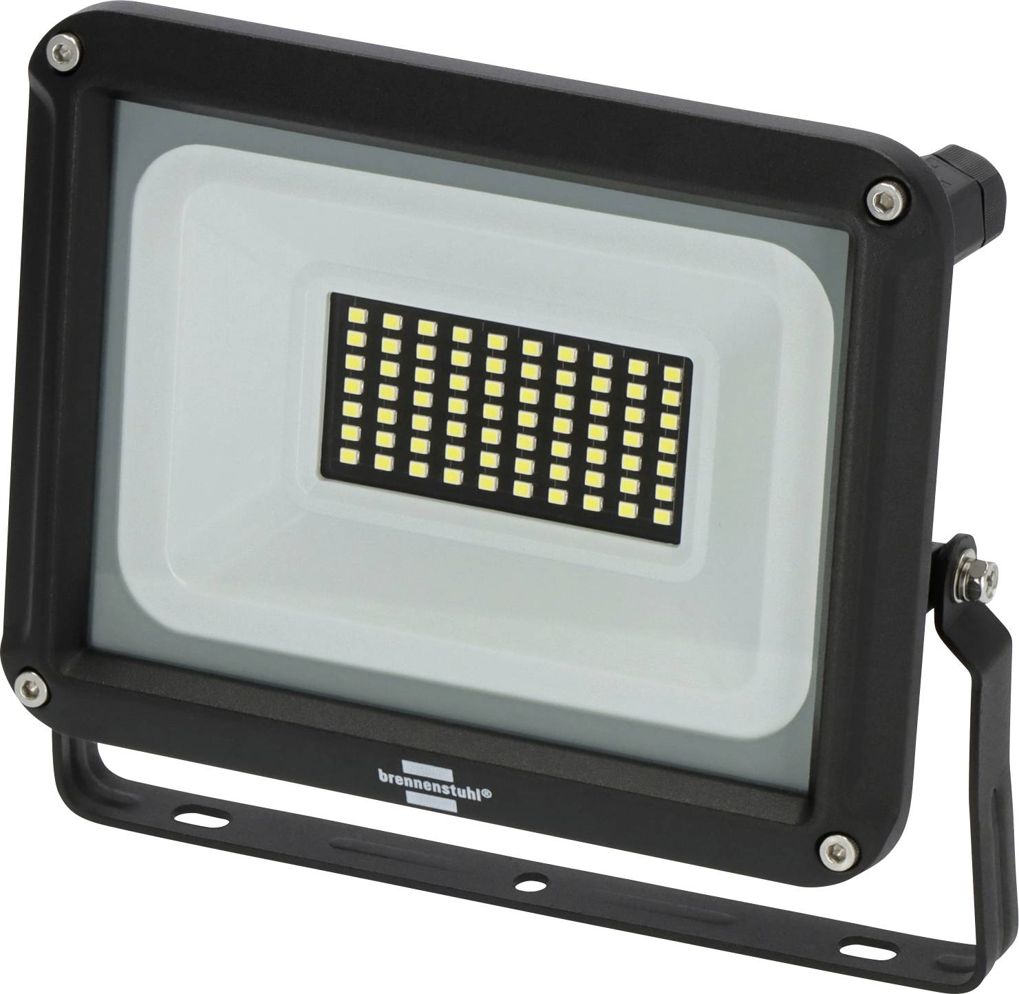 Črna LED-ica za poplavo s pritrditvenim nosilcem in osrednjim ogrodjem luči, prikazana na belem ozadju.