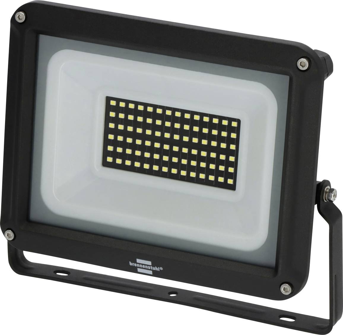 Črna LED-svetilka s pritrditvenim nosilcem in pravokotnim poljem majhnih rumenih LED-diod v zaprtišču.