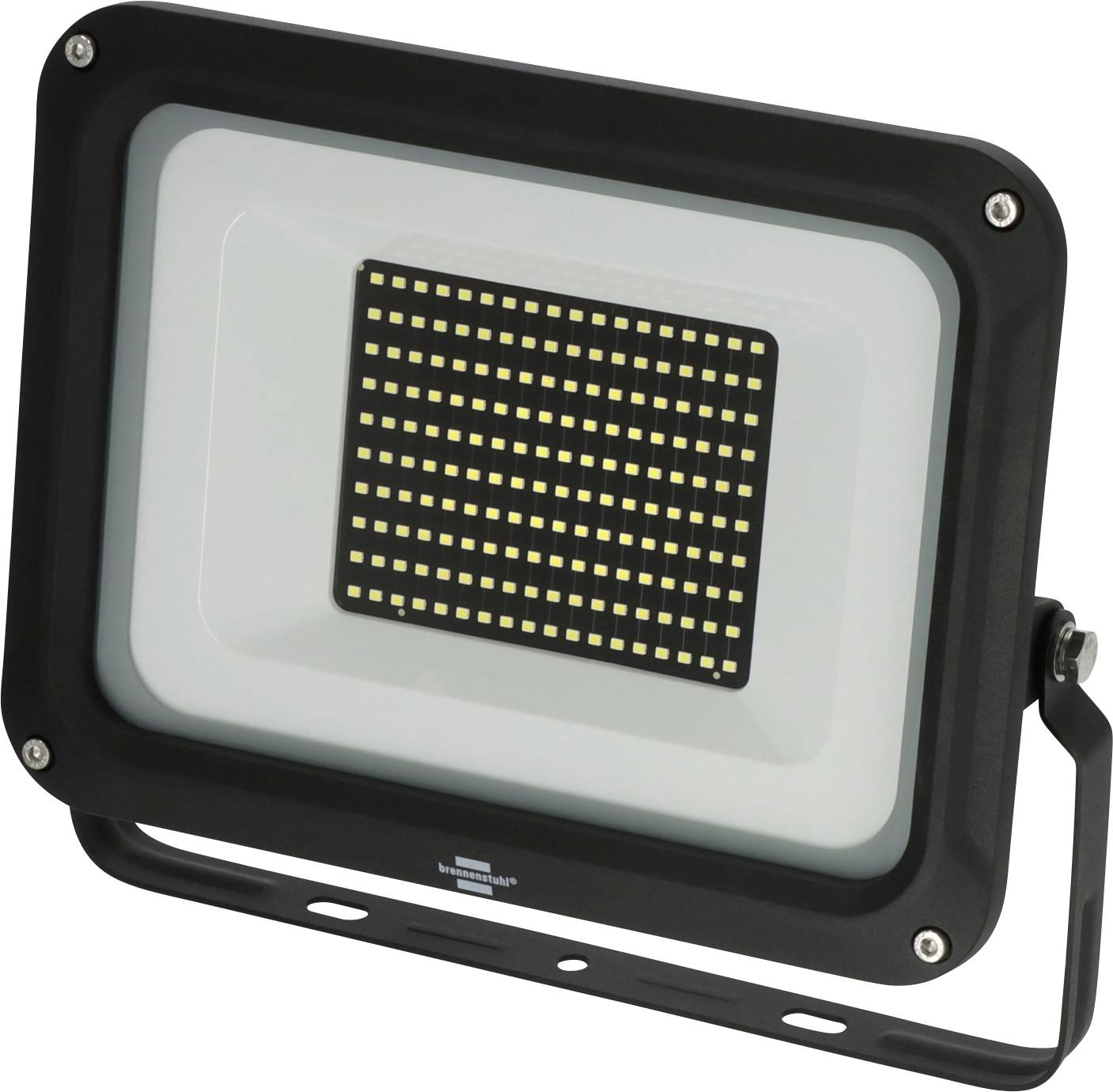 Črna pravokotna LED reflektorska svetilka s kvadratnim LED panelom in montažnim nosilcem.