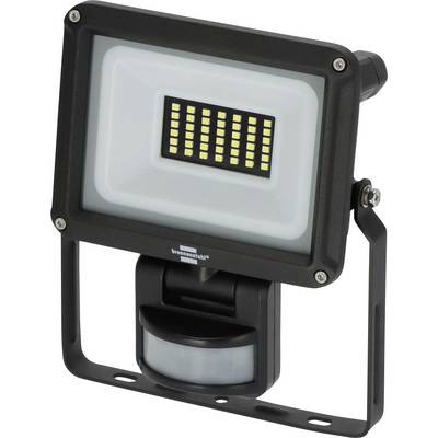 Črna LED-halogena svetilka z detektorjem gibanja in nastavljivo nastaviteljivo konzolo na belem ozadju.