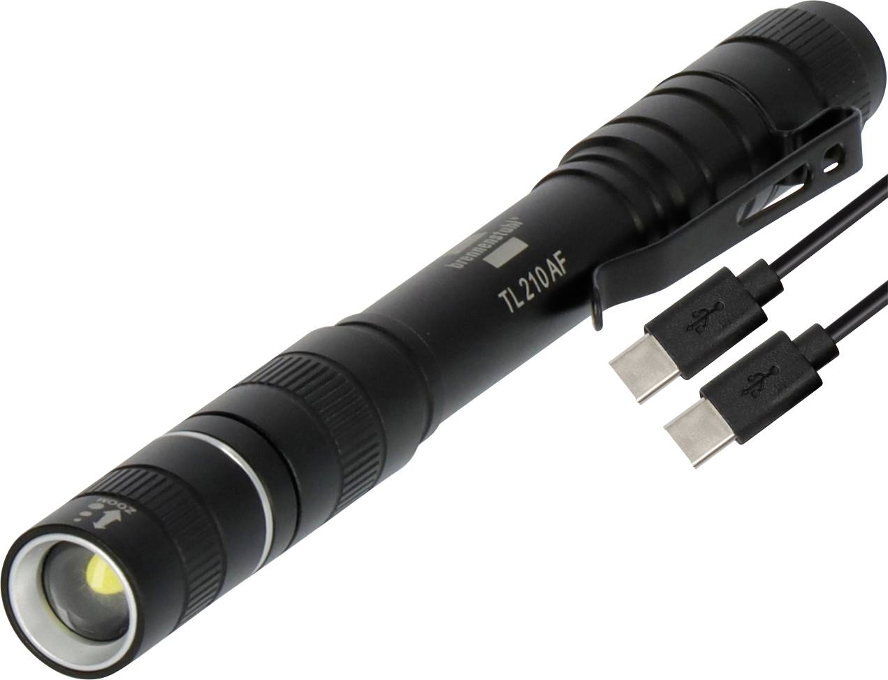 Črna polnilna svetilka z USB kablom, prikazana na belem ozadju.