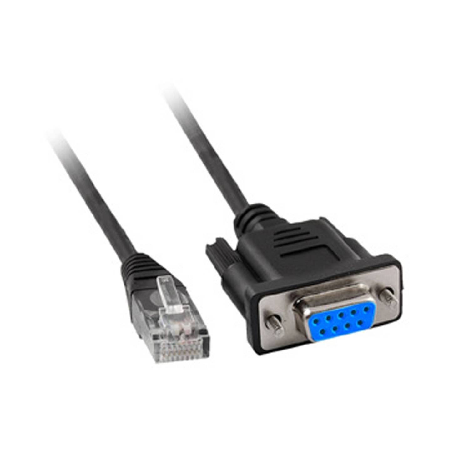 Črno-sivo kabel z ethernet in serijskim vtičem na konceh, na belem ozadju.