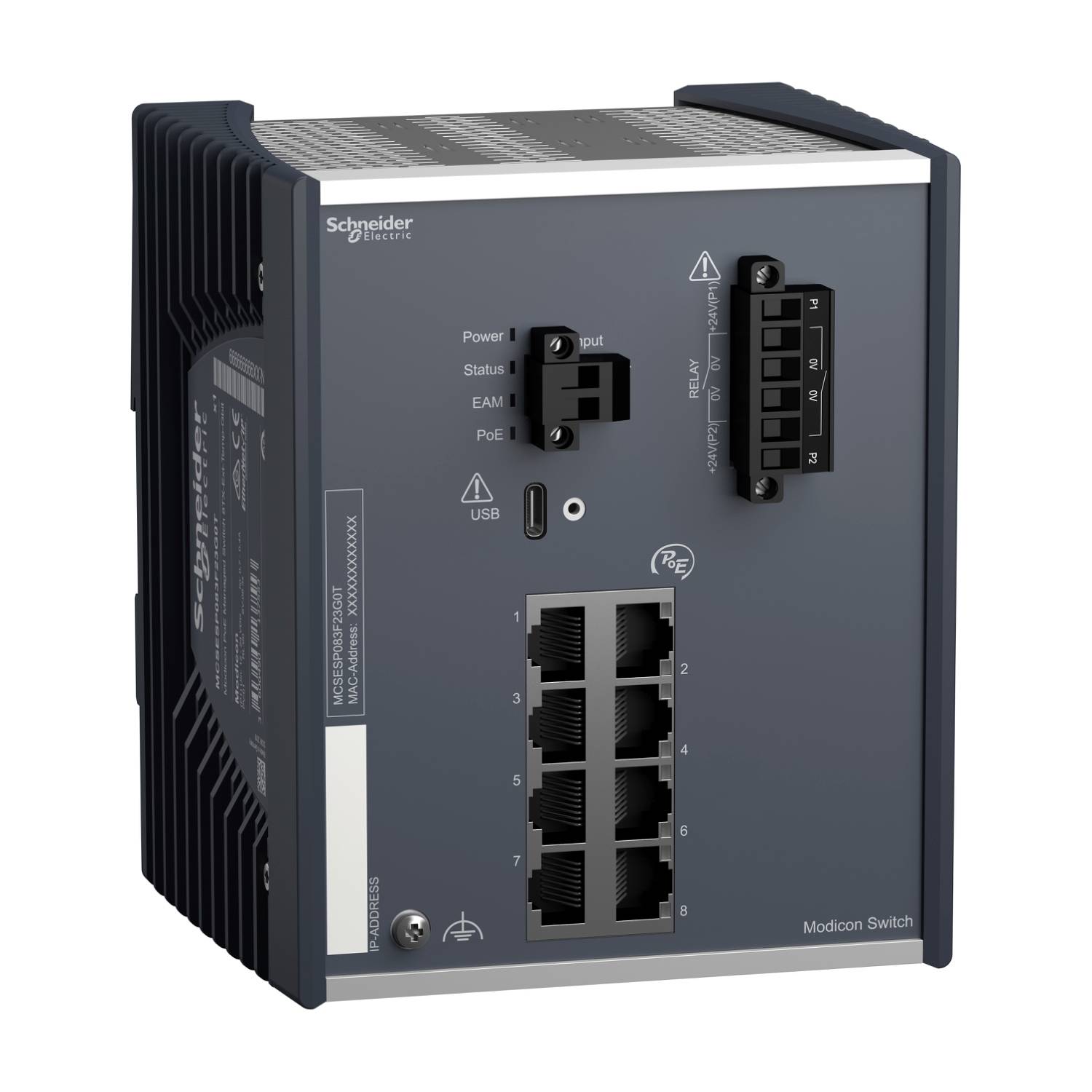 Schneiderjev električni Modicon stikalni element na napravi z več omrežnimi priključki in statusnimi indikatorji.