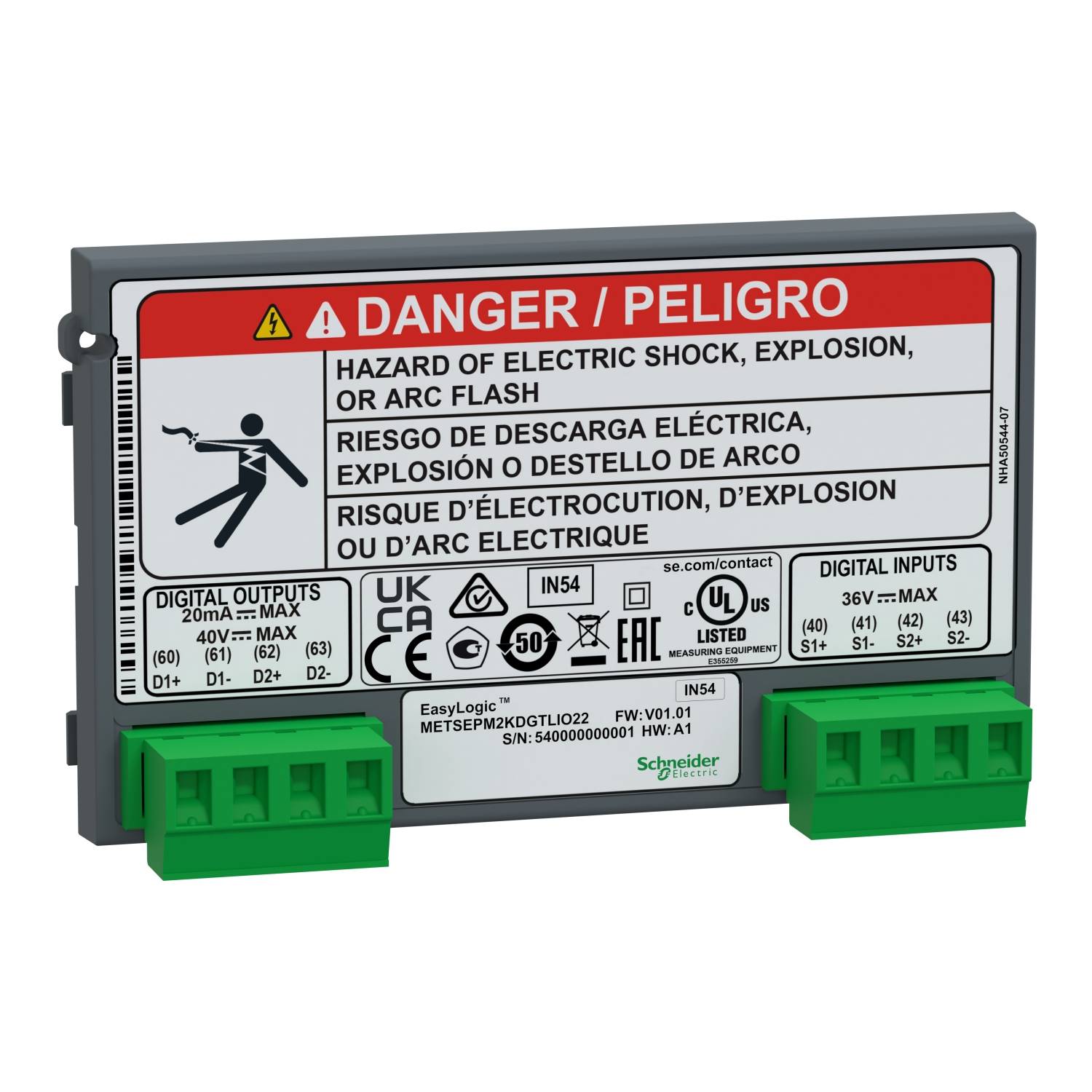 Nalepka naprave z opozorili v več jezikih glede nevarnosti električnega udara, eksplozije ali električnega obloka.