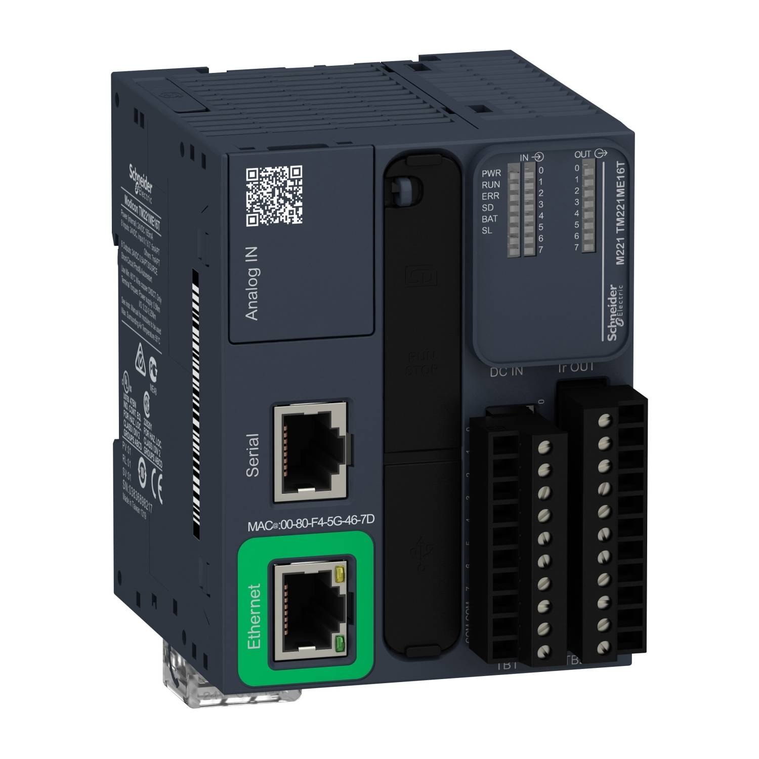 Industrijski krmilnik Schneider Electric: ohišje v črno-sivi barvi, priključki za serijsko in eternet povezavo, označeni z 'Analog IN'.