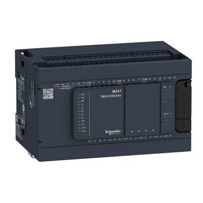 Električna krmilna naprava z napisom 'M241 TM241CEC24U'. Ima več priključkov in indikatorjev na sprednji strani. Naprava je znamke Schneider Electric.