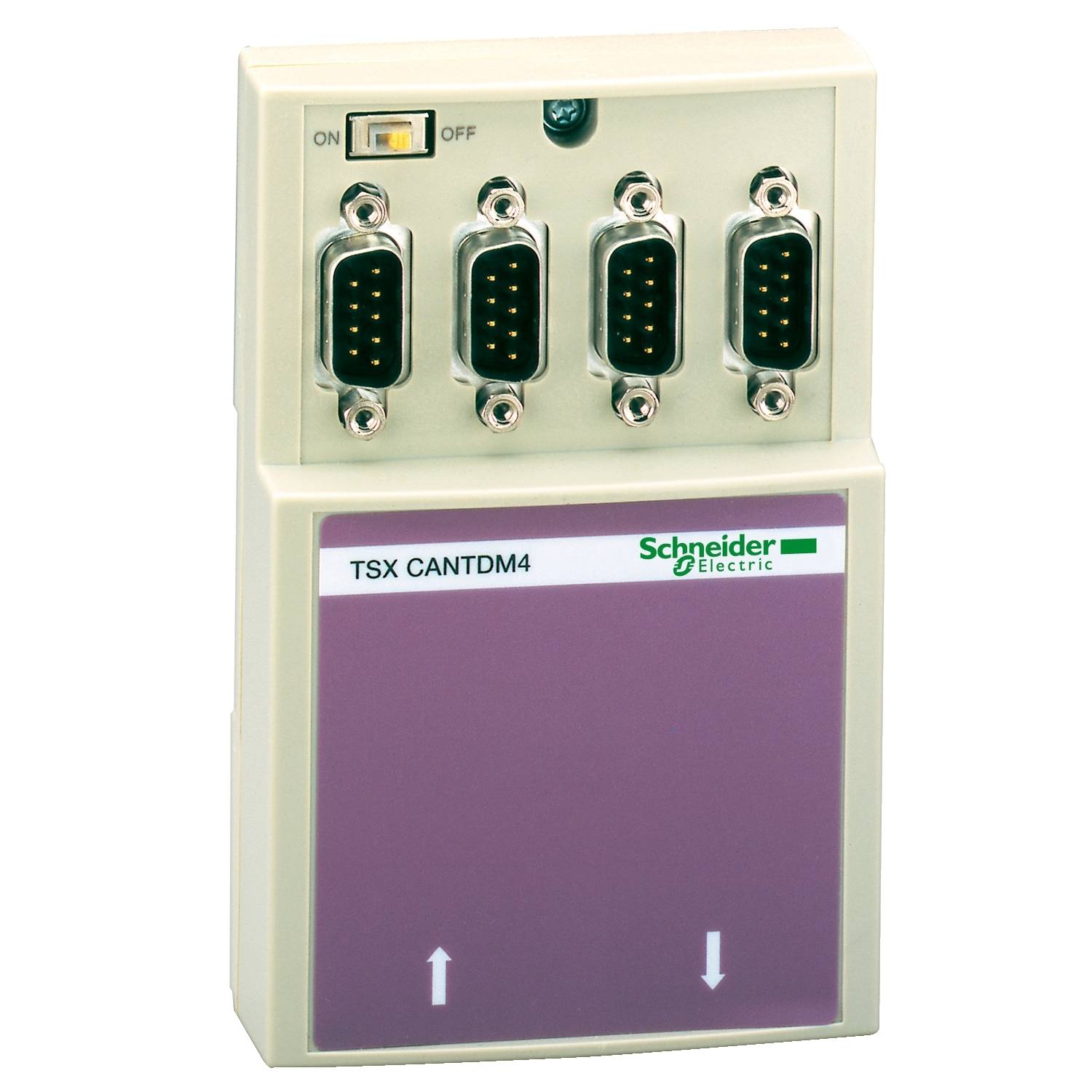 Schneider Electric modul s štirimi serijskimi vrati in stikalom. Model 'TSX CANTDM4'. Primeren za industrijske aplikacije.
