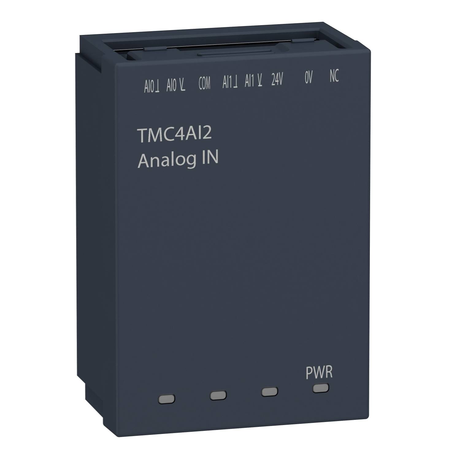Temno sivo električno modul z oznako 'TMC4AI2 Analog IN'. Ima oznake za priključke in indikator 'PWR'.