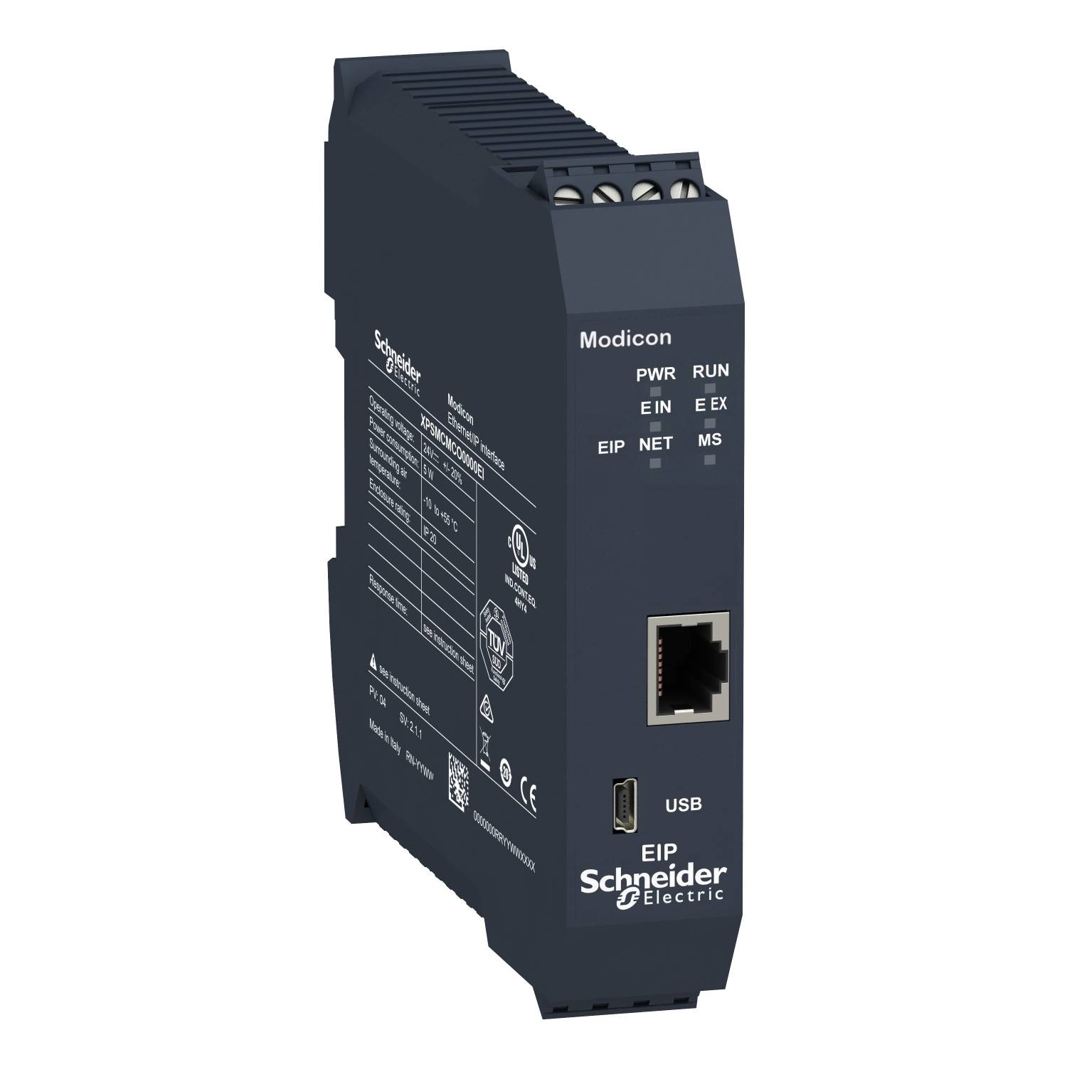 Črni komunikacijski modul Schneider Electric Modicon z ethernet in USB priključkoma, ki prikazuje statusne LED-diode za napajanje (PWR) in delovanje (RUN).