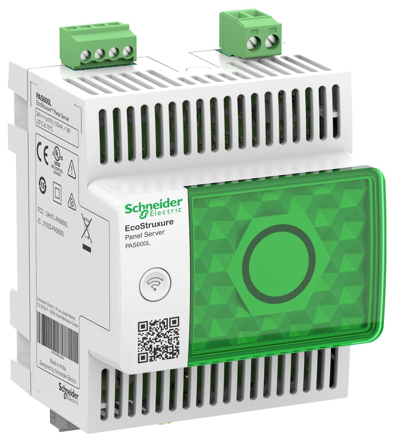 Naprava Schneider Electric EcoStruxure Panel Server z zelenim statusnim panelom in QR kodo, prikazana v slogu embalaže proizvoda