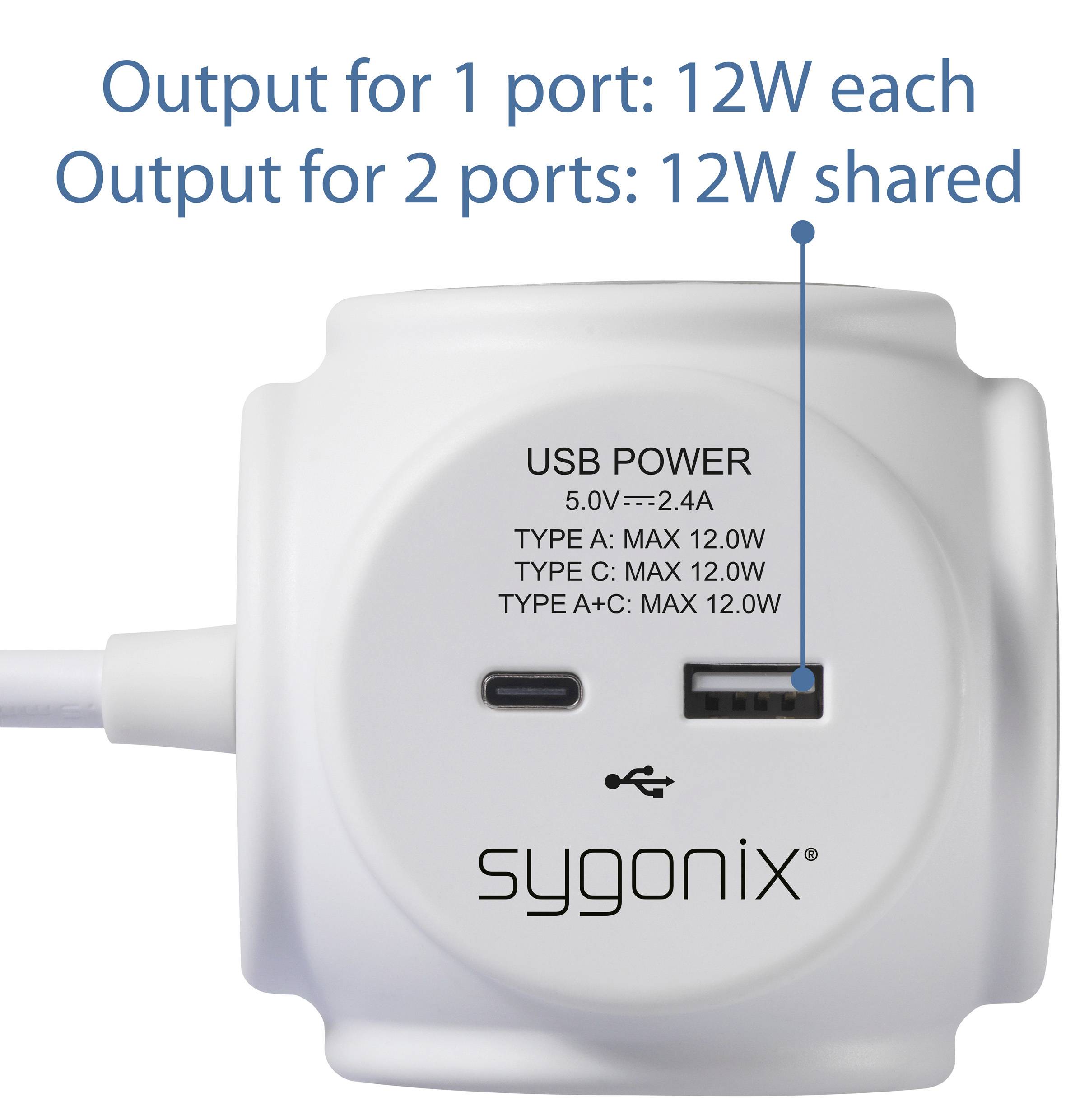 Slika prikazuje USB napajalnik znamke Sygonix z dvema priključkoma. Izhod za en priključek: 12W; za dva priključka: 12W razdeljeno.