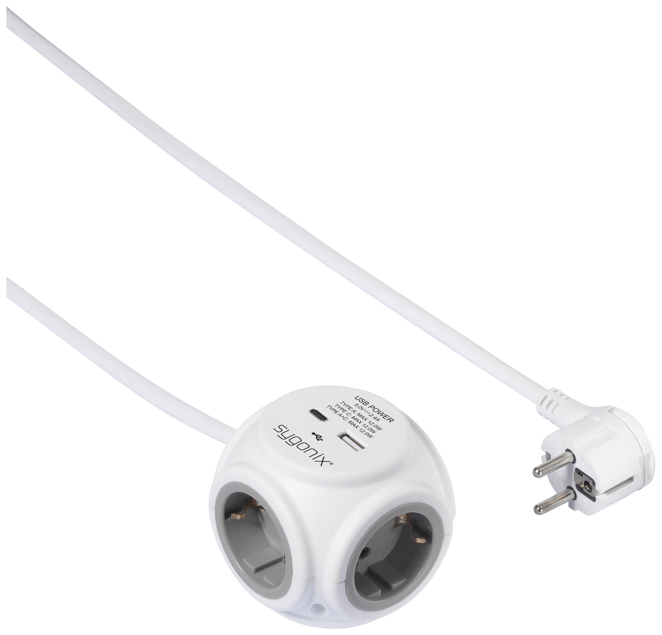 Bela, okrogla razdelilna vtičnica z mrežnim kablom, tremi električnimi vtičnicami in dvema USB-priključkoma, primerna za električne naprave.