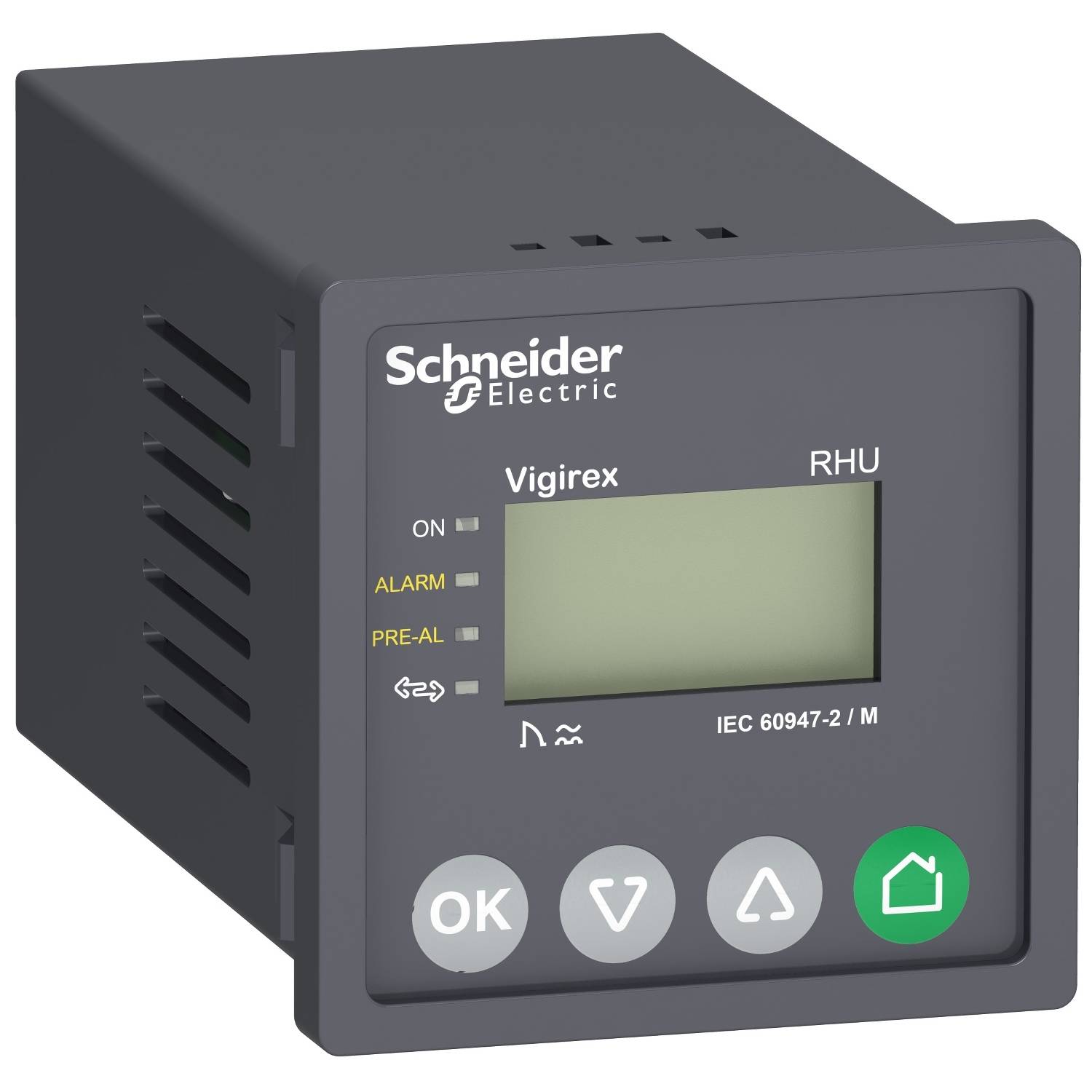 Elektronska naprava podjetja Schneider Electric, model VigiRex RHU, z LCD-zaslonom in različnimi tipkami za nadzorne funkcije.