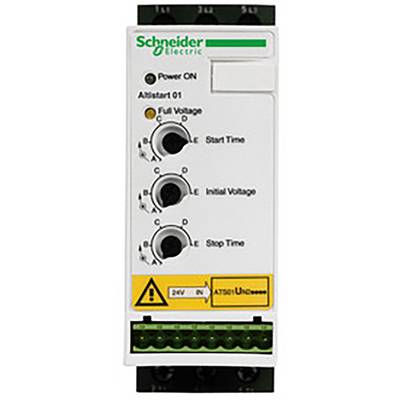 Schneider Electricov Altistart 01 mehki zaganjalnik prikazuje upravljalne elemente za čas zagona, začetno napetost in čas zaustavitve.