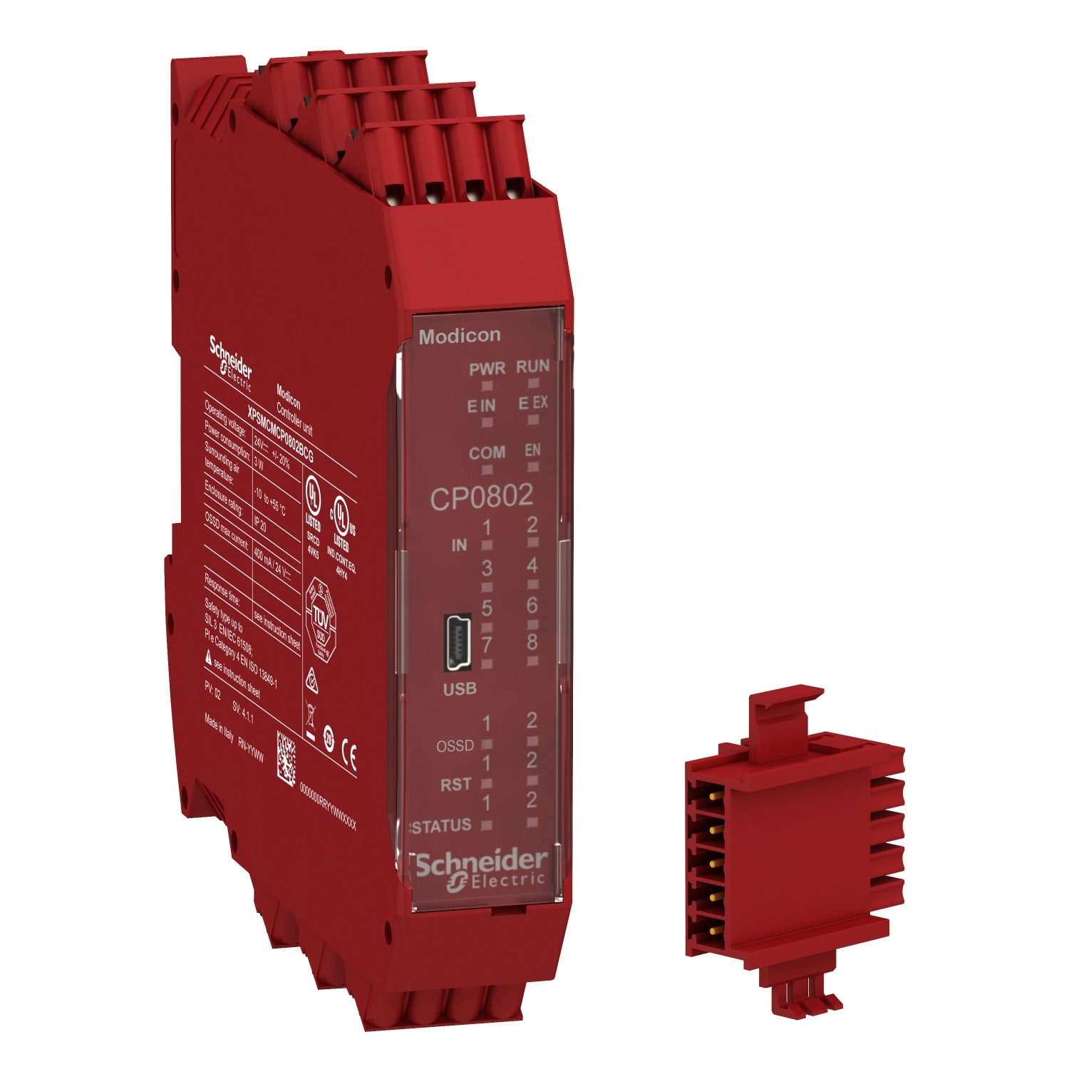 Rdeči Modicon CP0802 avtomatizacijski modul podjetja Schneider Electric z USB-priključkom, statusnimi lučkami in odstranljivim priključnim blokom.