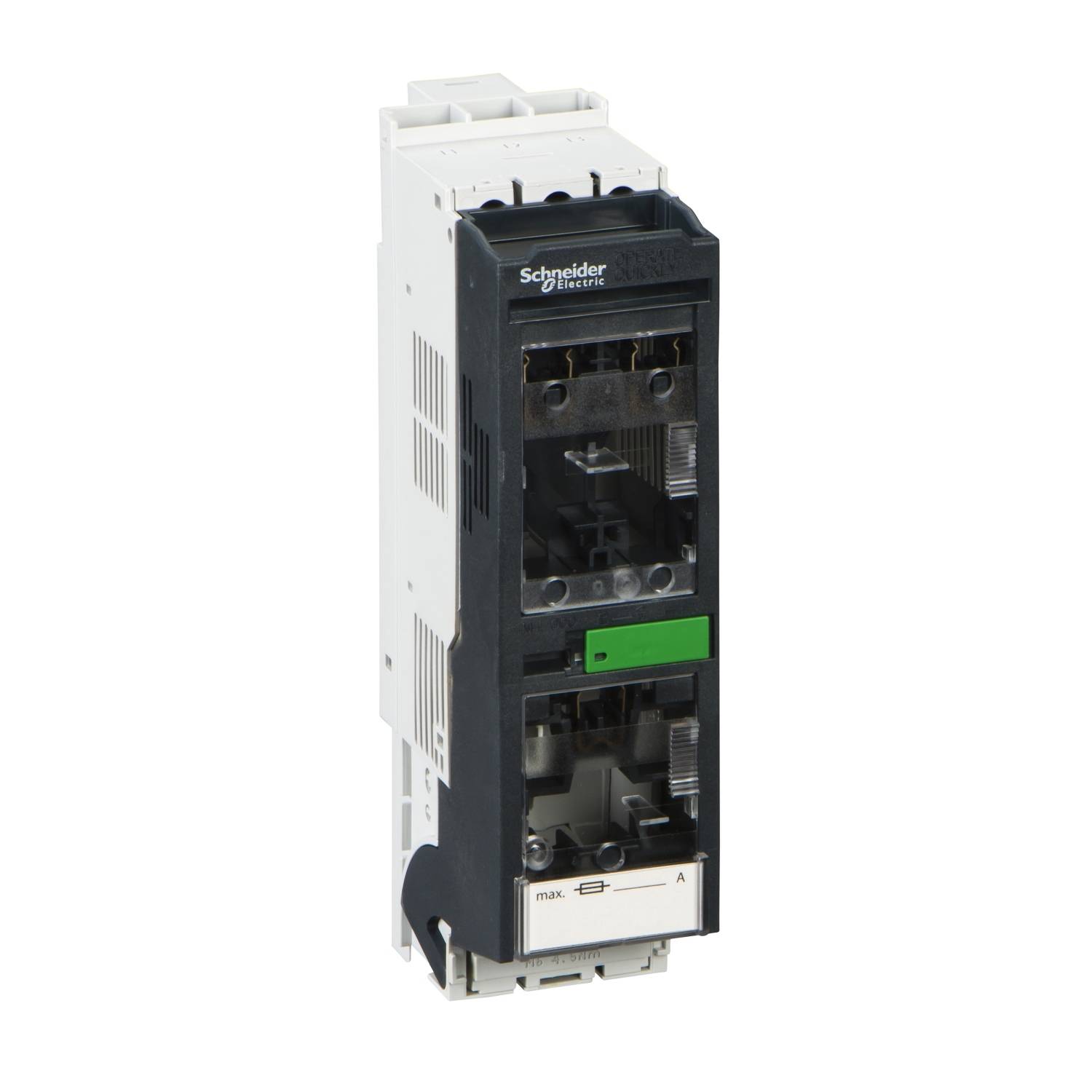 Električni odklopnik Schneider Electric, ozek, vertikalno nameščen, s spredaj vidnimi priključnimi mesti.