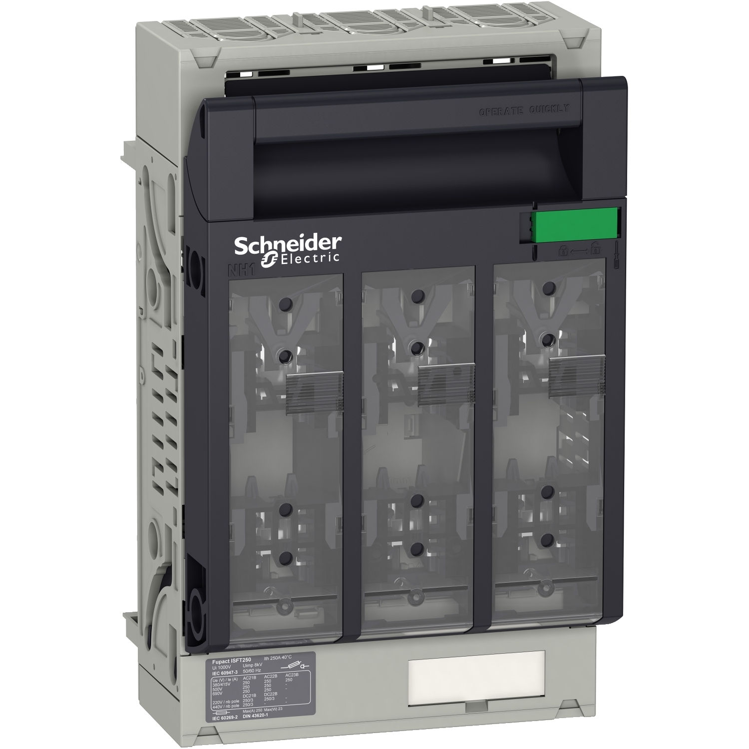 Trobni odklopnik Schneider Electric, model Compact NSX, z zelenim stikalom zgoraj desno. Uporablja se v električnih razdelilnikih.