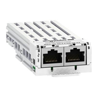Omrežni modul podjetja Schneider Electric z dvema eternet priključkoma, označen z 'BF', 'LNK' in 'SF', za industrijske aplikacije.