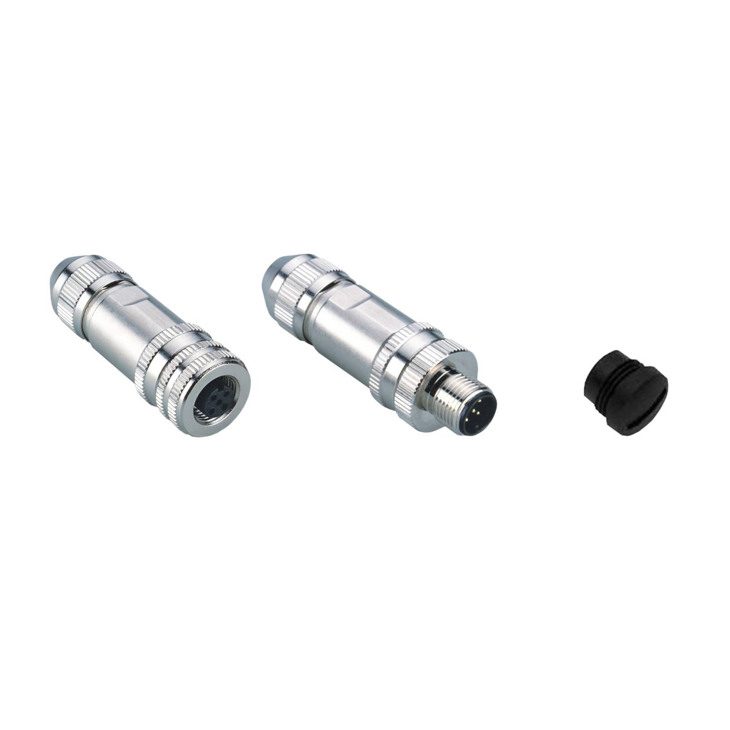 'Dva srebrna okrogla vtična priključka z odstranljivim črnim zaščitnim pokrovom, razporejena na beli podlagi.'