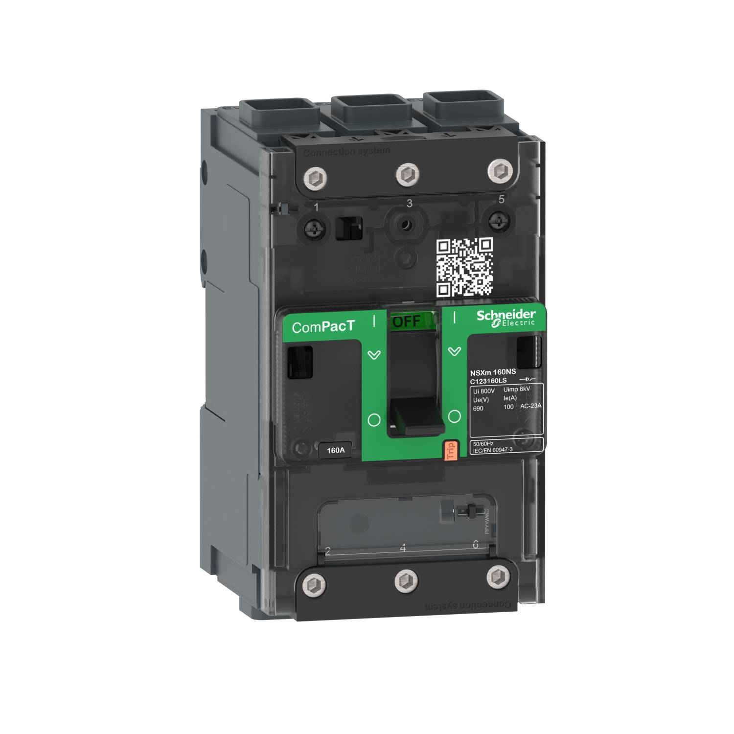 Elektronski odklopnik modela 'ComPacT' podjetja Schneider Electric z zeleno ročico na sprednji strani.