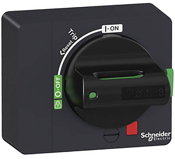 Črni električni stikalni z zelenimi oznakami 'ON' in 'OFF' ter logotipom podjetja Schneider Electric.