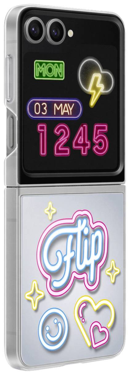 Zložljiv pametni telefon, zadnja stran prikazuje neonske simbole: Ponedeljek, strela, '03. maj 12:45', napis 'Flip', zvezde, srce in smeško.