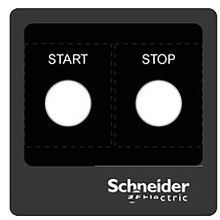 Gumb za 'Start' in 'Stop' na črni krmilni plošči podjetja Schneider Electric.