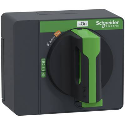 Zeleni ločilni stikalni element podjetja Schneider Electric z nastavitvami '0-Izklop', 'I-Vklop', 'Ponastavitev' in 'Sprožitev'.